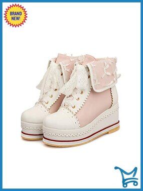 Round Toe Lolita Cosplay Ankle Booties Wedge Heels Lace Up PU
